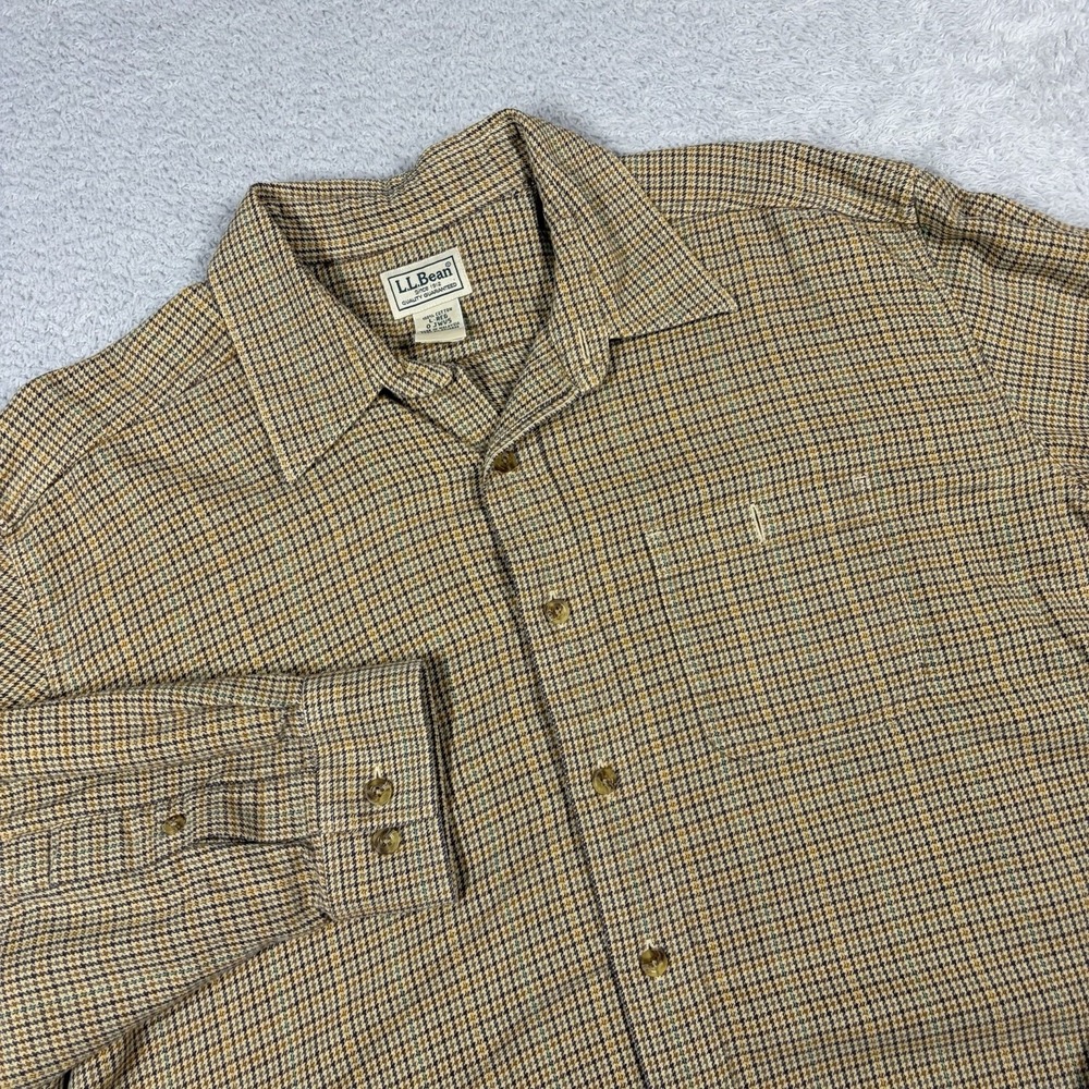 L.L Bean Houndstooth Flannel Shirt Mens Large Brown Earth Tones Long Sleeve